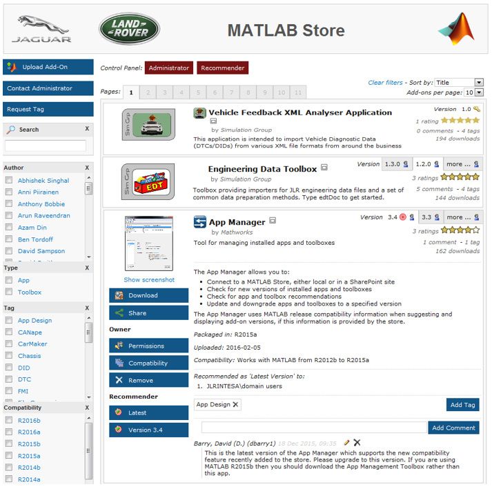 Jaguar Land Rover’s MATLAB App Store, which provides one-click download and install of ready-to-use engineering tools, authored by their engineers for their engineers.