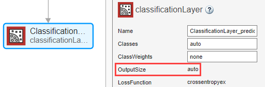 Classification layer selected in Deep Network Designer. OutputSize is set to auto.
