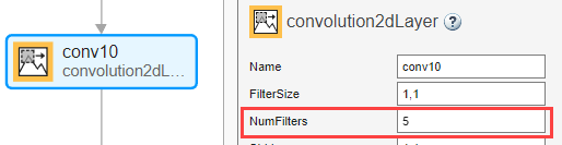 Convolution 2-D layer selected in Deep Network Designer. FilterSize is set to 1,1 and NumFilters is set to 5.