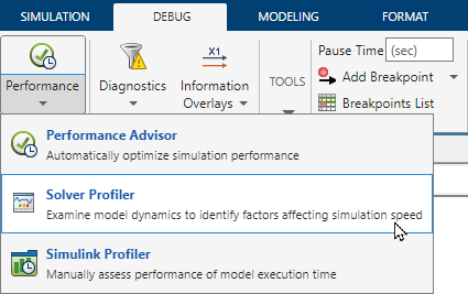 On the Debug tab, the Performance advisor list is expanded with the pointer paused on the Solver Profiler option.