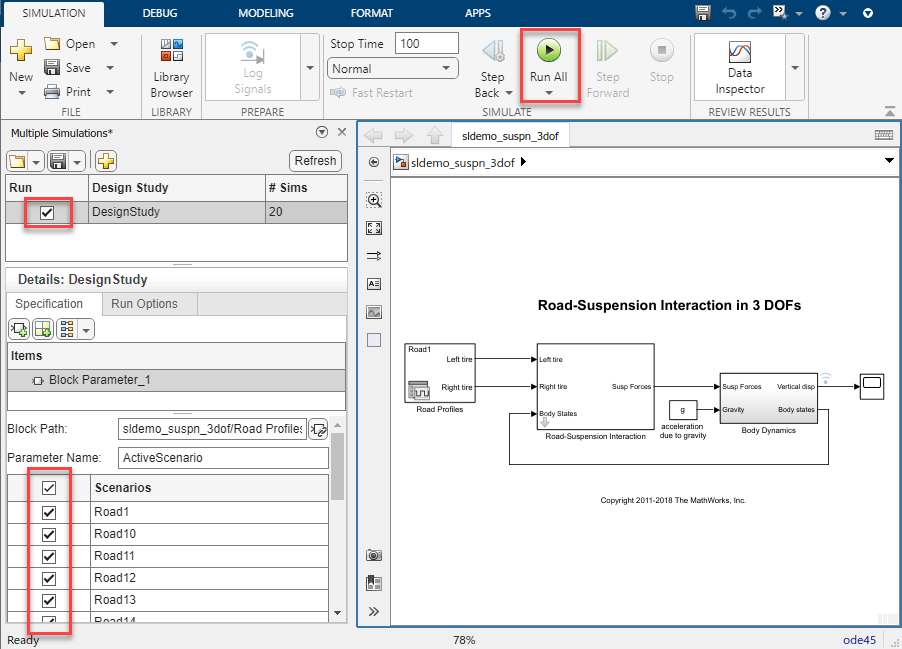 The Simulink canvas showing the Multiple Simulations panel, with the design study selected and Run All button activated.