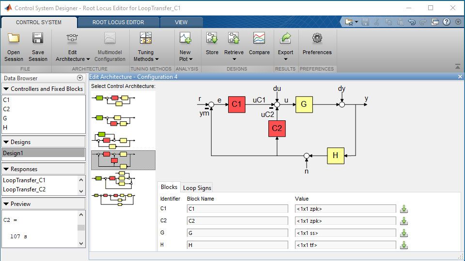 Specifying a multiloop control system architecture in the Control System Designer app