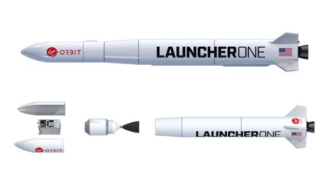 Virgin Orbit’s LauncherOne vehicle assembled (top), with exploded view showing the fairing, payload, and first and second stages (bottom).